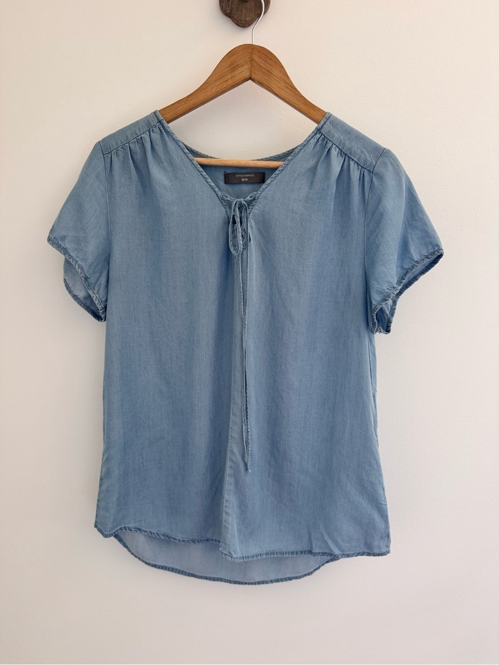 Soft Chambray Tie Neck Blouse Blue Minimalist Summer Top